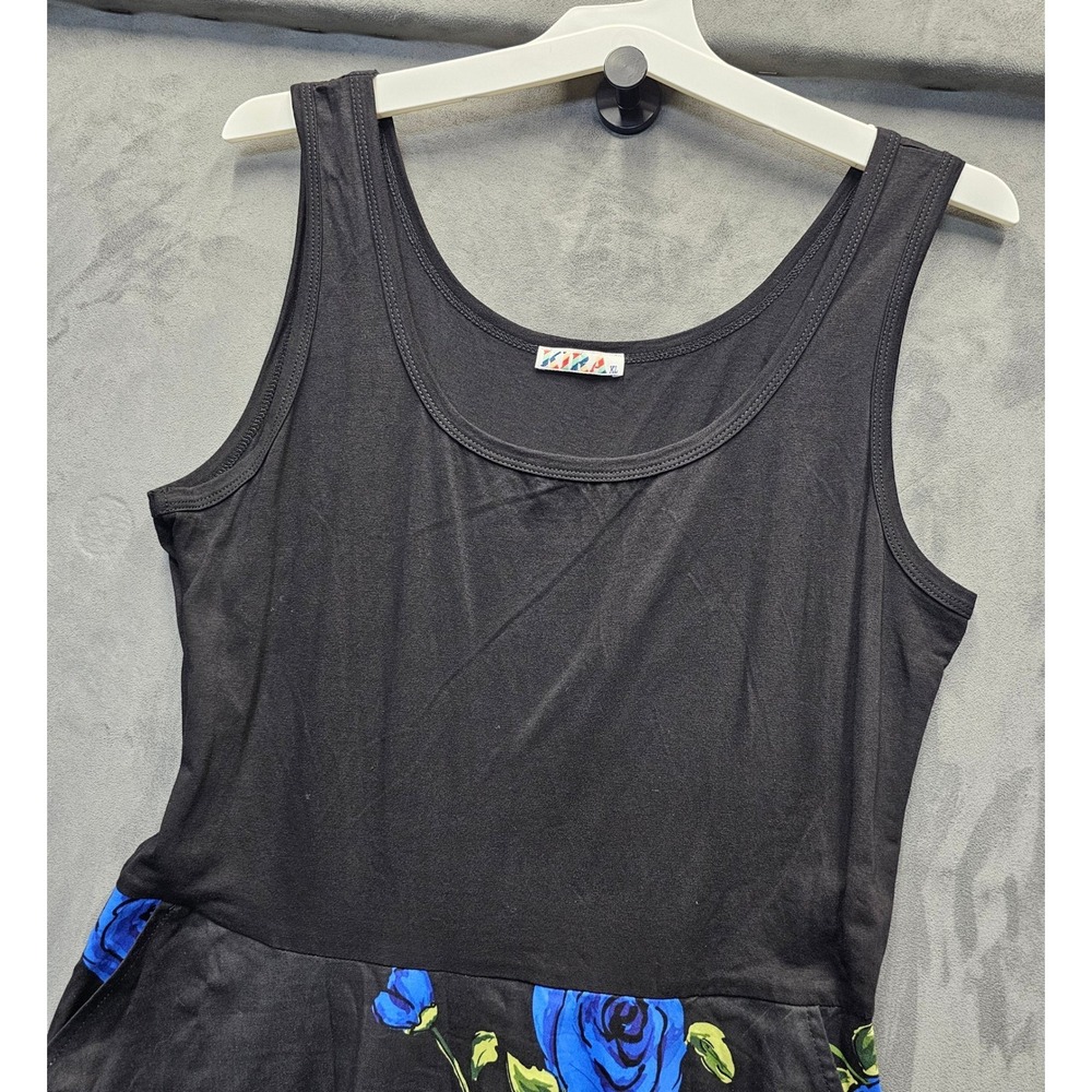 KIRA Women Black Blue Rose Floral Fit and Flare Dress Sleeveless Pockets XL